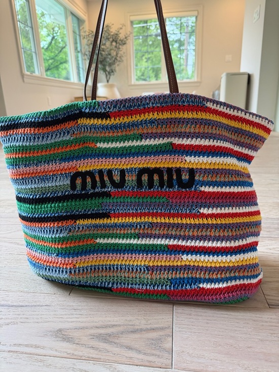 Miu Miu Handbags - Miu Miu Multicolor Striped Crochet Tote with Black Logo